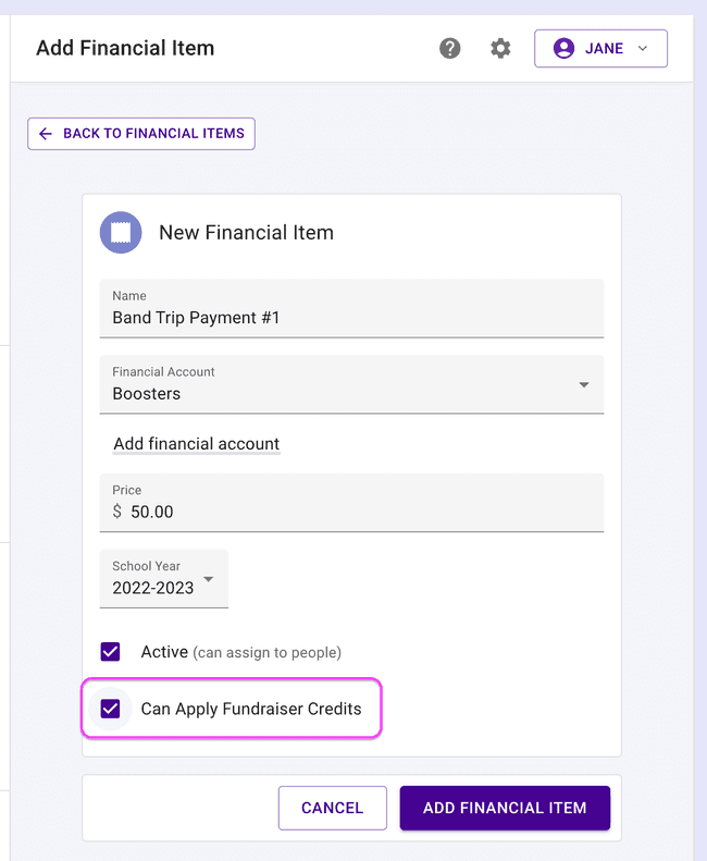 Financial item - Allows fundraiser credits Financial item - Allows fundraiser credits