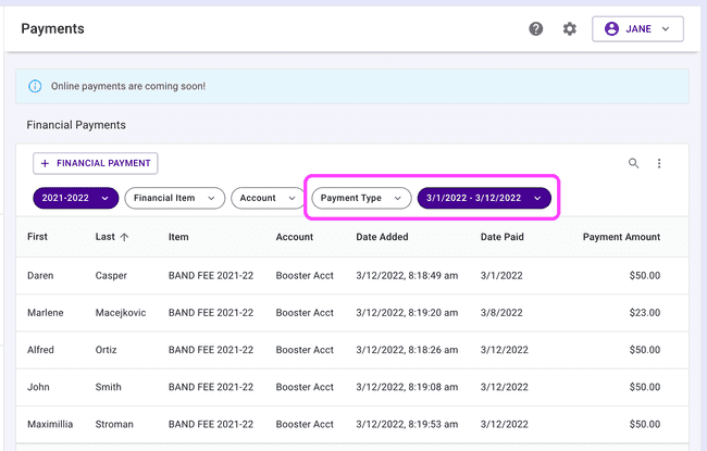 Financial Payments table - payment type and date range filters Financial Payments table - payment type and date range filters