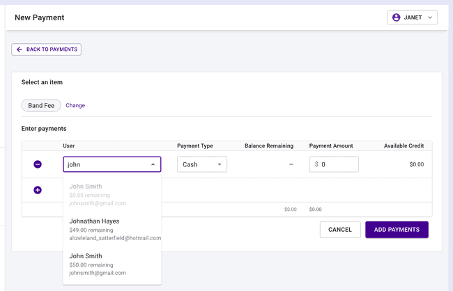 Payment by Item - Choose a User Payment by Item - Choose a User