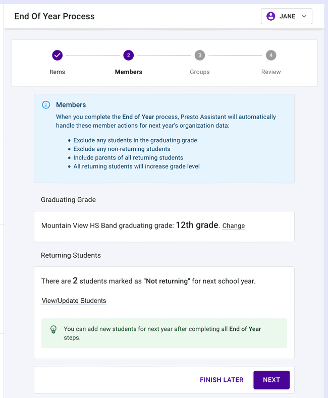 Choose a graduating grade and any non-returning members. Choose a graduating grade and any non-returning members