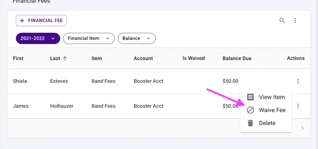 Fees table - Waive fee menu item Fees table - Waive fee menu item