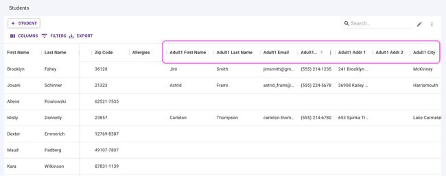 Students table - Quickly find parent data Students table - Quickly find parent data