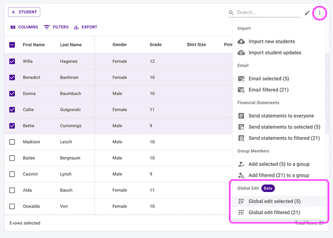 Find Global Edit in the More Actions table menu Find Global Edit in the More Actions table menu