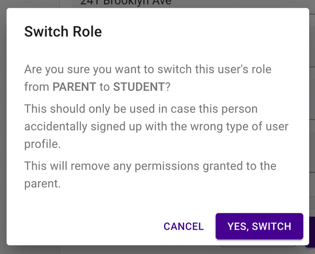 Parent to Student switch — Confirmation dialog Parent to Student switch — Confirmation dialog