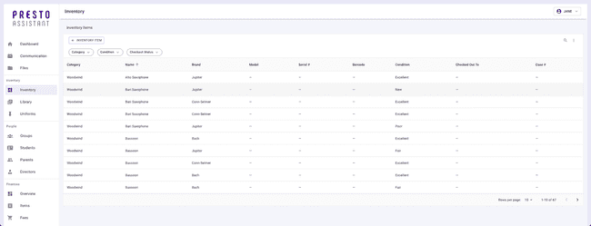 Inventory Table - wide screen view Inventory Table - wide screen view