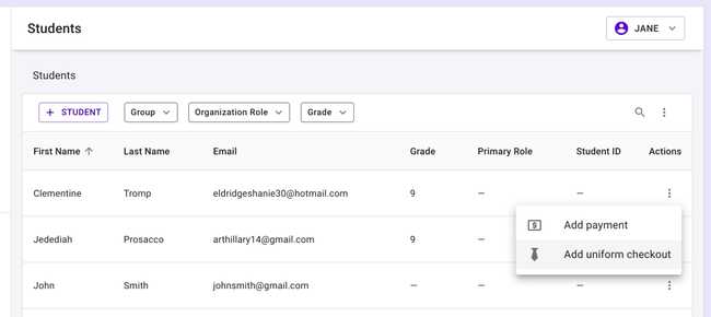 Students table - Add uniform checkout Students table - Add uniform checkout