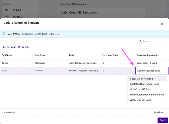 Update Returning Students table - Edit cells directly in the table Update Returning Students table - Edit cells directly in the table