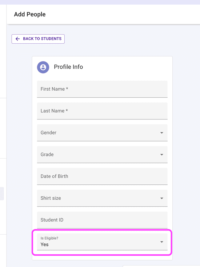 Add a student - Is Eligible field Add a student - Is Eligible field