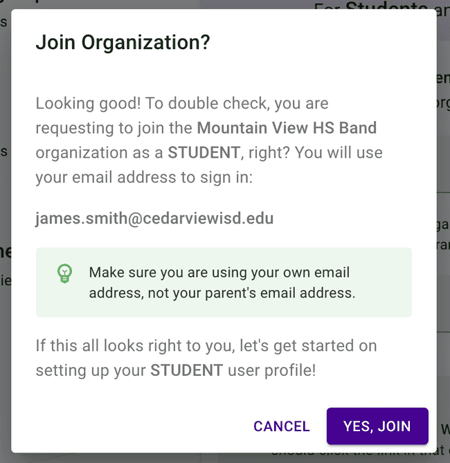 Join Page - Join organization confirmation dialog Join Page - Join organization confirmation dialog
