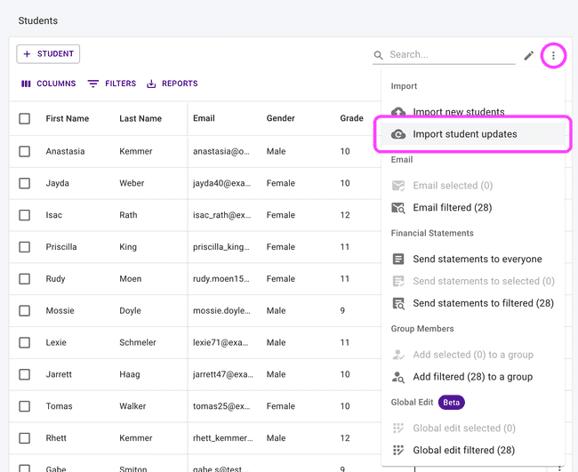 Find Import Student Updates in the More Actions table menu Find Import Student Updates in the More Actions table menu
