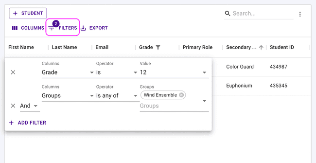 Students table - Multiple filters Students table - Multiple filters