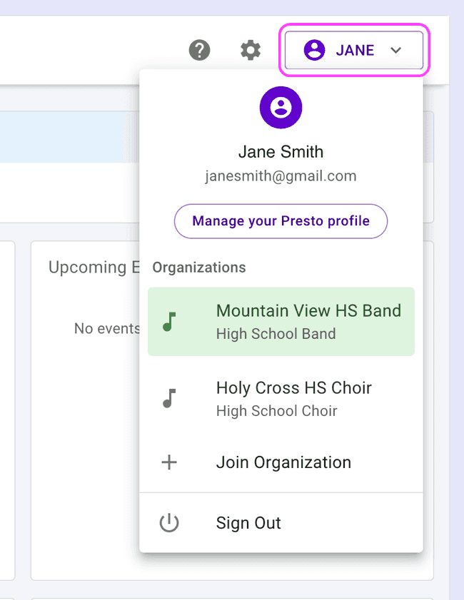 Profile menu Profile menu