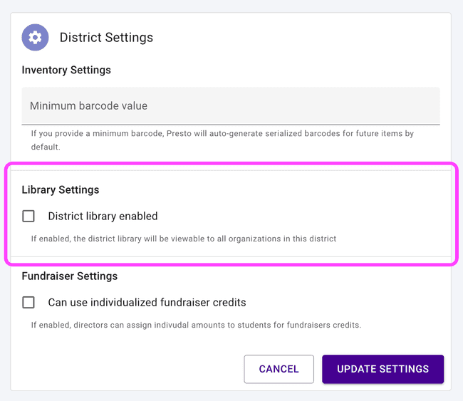 District users can show or hide the district library  District users can show or hide the district library