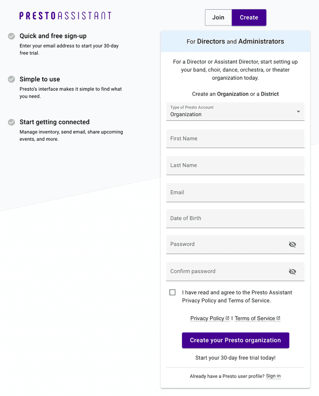 Create Page - Create a new organization or district Create Page - Create a new organization or district