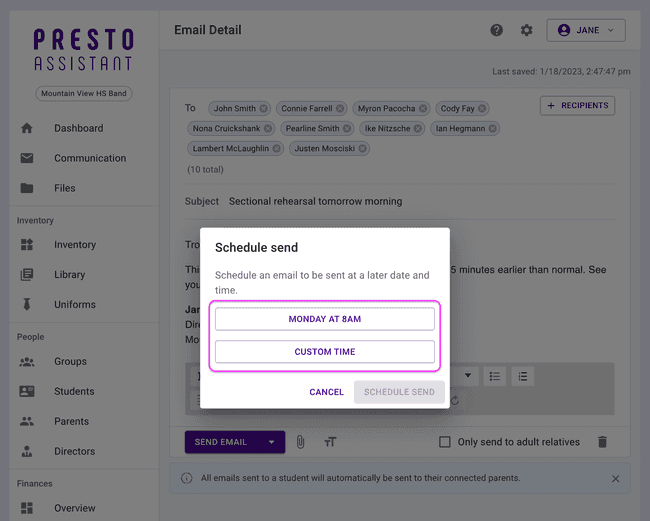 Email Composer — Select a time to send the email Email Composer — Select a time to send the email