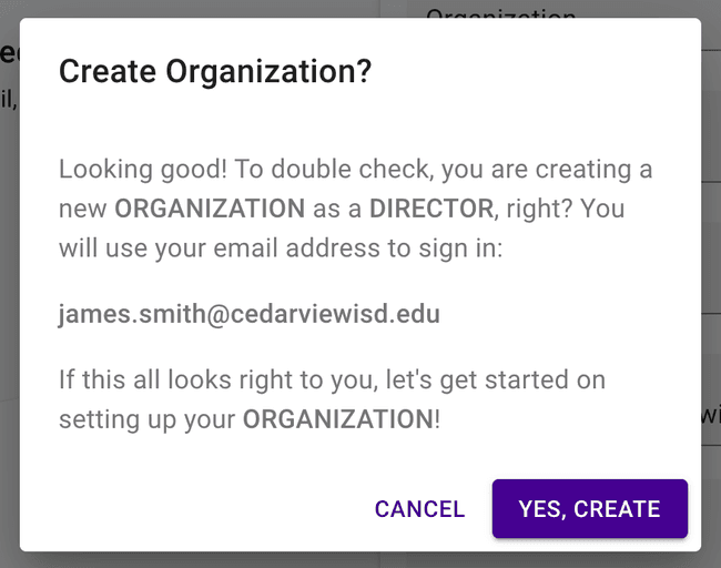 Create Page - Create organization confirmation dialog Create Page - Create organization confirmation dialog