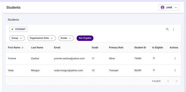 Students table - Eligibility filter Students table - Eligibility filter