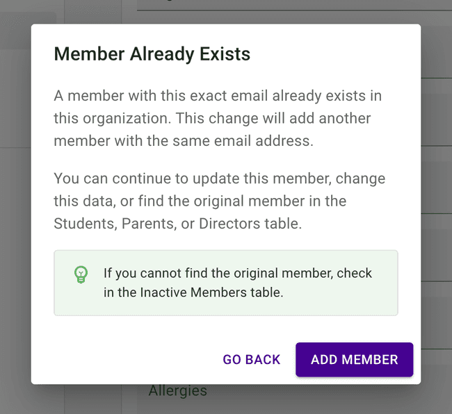 Adding a new member — Member already exists warning Adding a new member — Member already exists warning