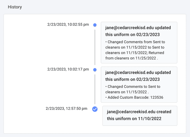 Uniform Details - Audit History Uniform Details - Audit History
