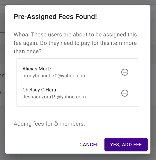 Duplicate financial fee - Warning pop up Duplicate financial fee - Warning pop up