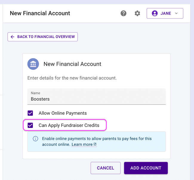 Financial account - Allows fundraiser credits Financial account - Allows fundraiser credits