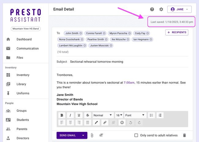 Email Composer — Last saved time stamp Email Composer — Last saved time stamp